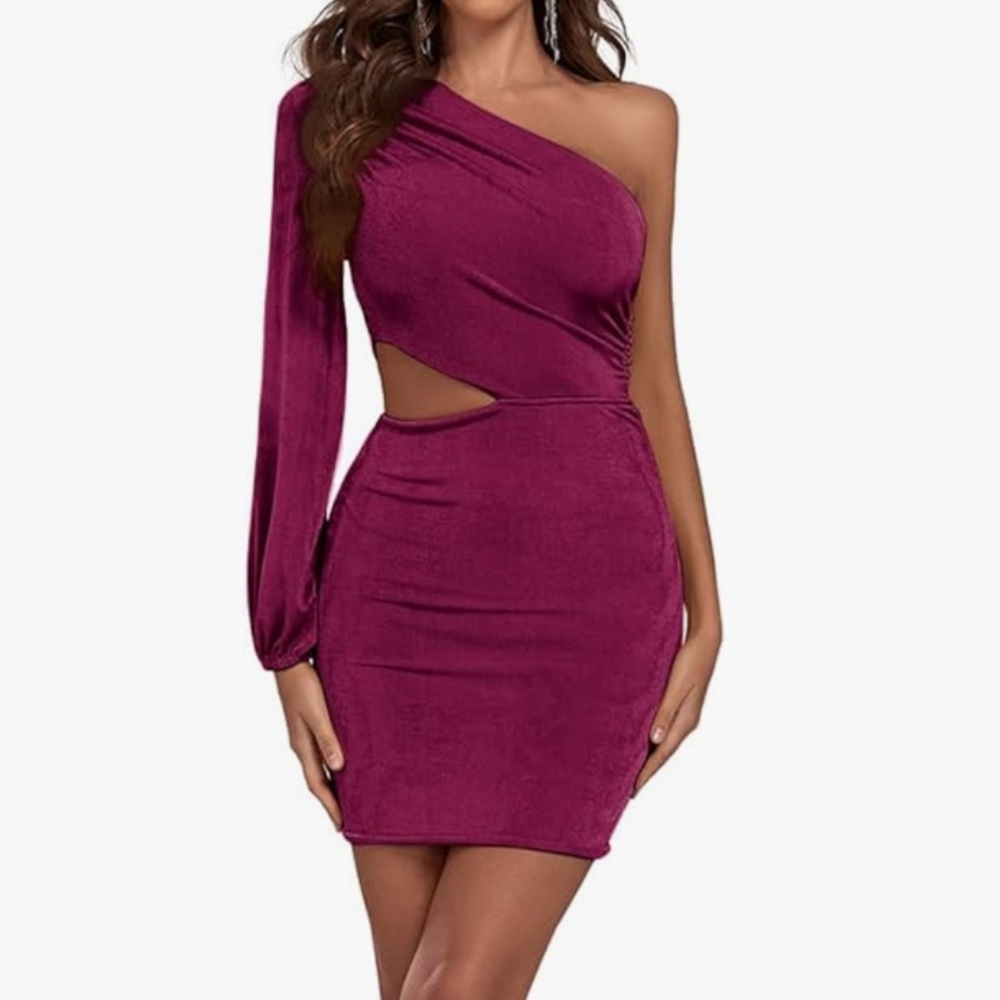 One Shoulder Long Sleeve Cutout Bodycon Club Cocktail Mini Dress